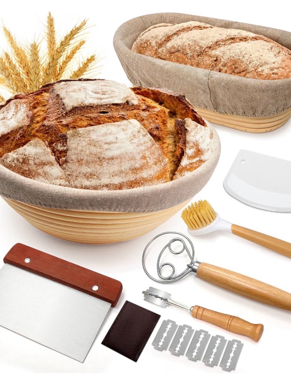 Sourdough Bread Baking Set | 2 Proofing Baskets, Tools & Linen Bread Bag
